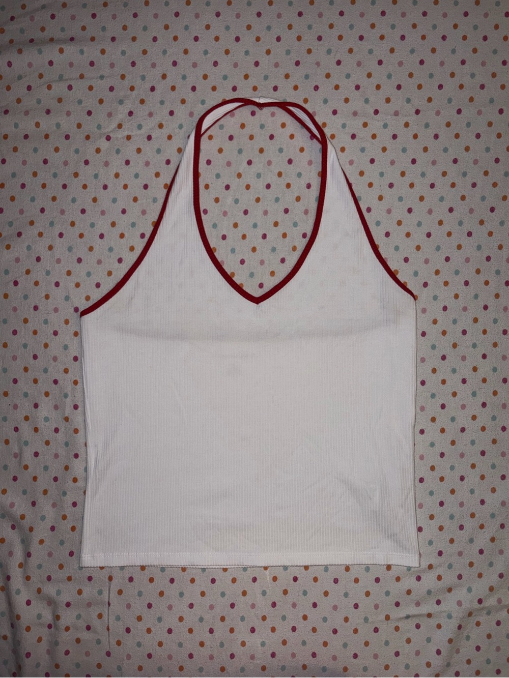 American Eagle L White Red Trim Ribbed Halter Top Y2K 2000s